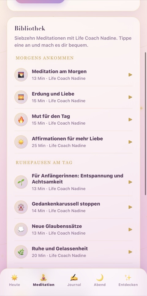 makihu App: Bibliothek mit Meditationen von Life Coach Nadine